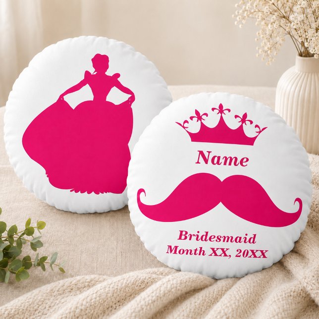 Bruidsmeisje Roze Snor Rond Worp Kussen (Bridesmaid Pink Mustache Round Throw Pillow)