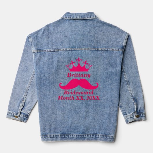 bruidsmeisje roze tiara naam snor datum bruiloft denim jacket (Achterkant)