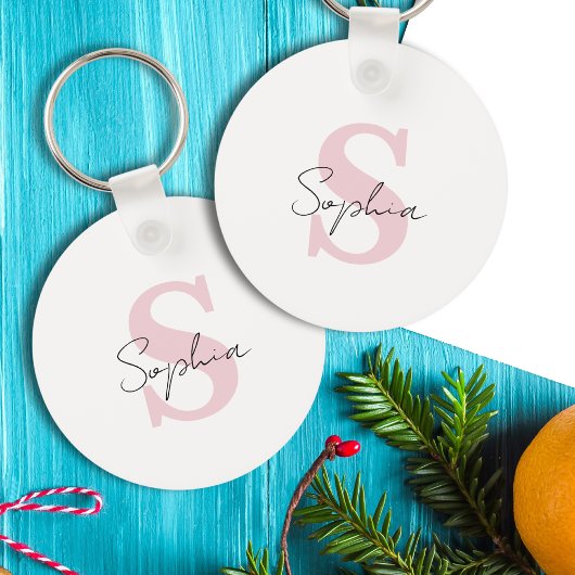 Bruidsmeisje Script Naam en Roze Initiaal Monogram Sleutelhanger