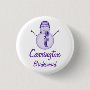 "Bruidsmeisje" - Sneeuwman w / Paarse Pet & Sjaal Ronde Button 3,2 Cm