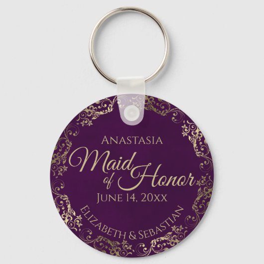 Bruidsmeisje Trouwcadeau Pruim Paars & Goud Sleutelhanger (Voorkant)