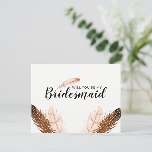 Bruidsmeisje uitnodiging met waterverf veer (Staand voorkant)