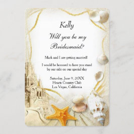 Bruidsmeisje uitnodiging strand zand kasteel bruil