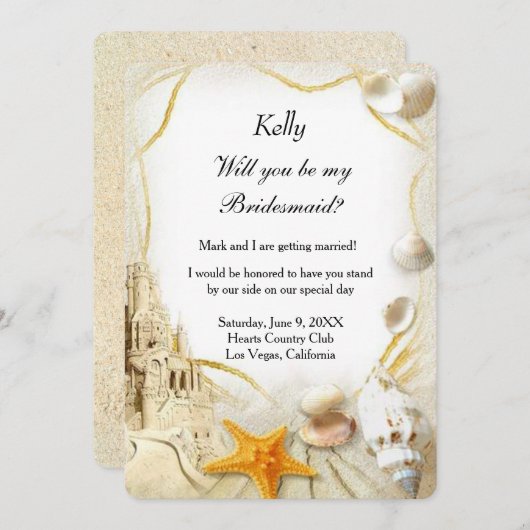 Bruidsmeisje uitnodiging voor strand zandkasteel b (Voorkant / Achterkant)