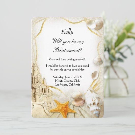 Bruidsmeisje uitnodiging voor strand zandkasteel b (Staand voorkant)