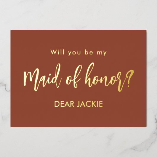Bruidsmeisje van eer bruine terracotta huwelijksaa folie uitnodiging (Voorkant)