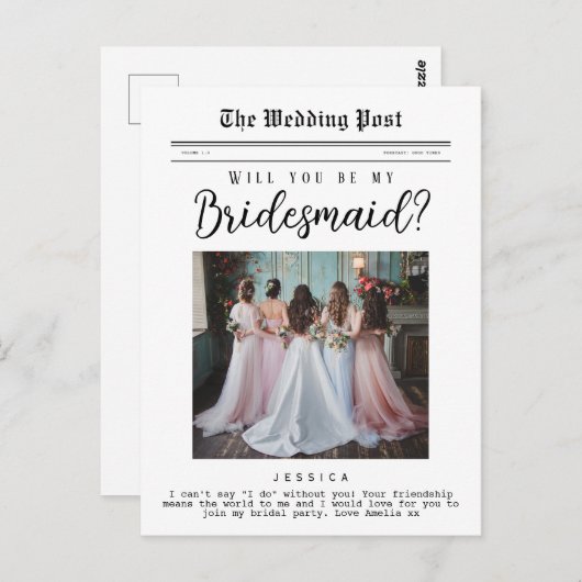 Bruidsmeisje voorstel, aangepaste krant briefkaart (Voorkant / Achterkant)