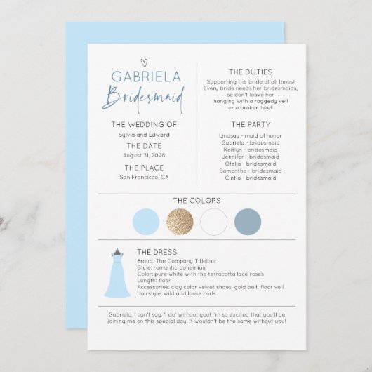 Bruidsmeisje voorstel & informatie Dusty Blue (Voorkant / Achterkant)