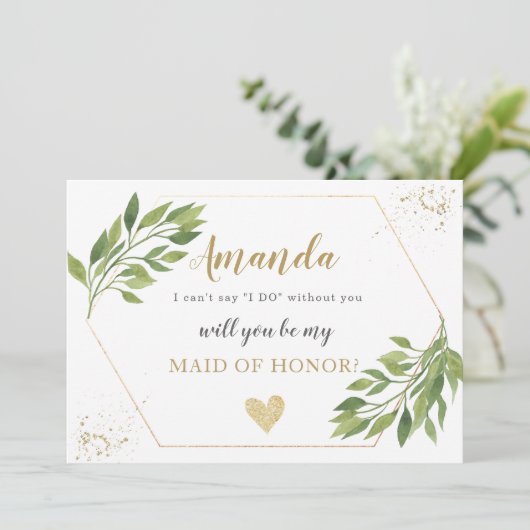 Bruidsmeisje voorstel kaart groen en goud (Staand voorkant)
