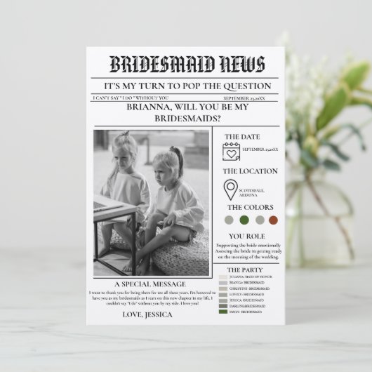 Bruidsmeisje voorstel krant+Bruidsmeisje info kaar Kaart (Staand voorkant)