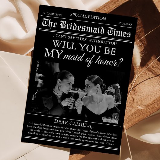 Bruidsmeisje voorstel krant foto kaart