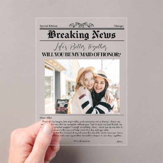 Bruidsmeisje voorstel krant Hoesje 1 foto Acryl Uitnodigingen (Insitu (Draagbaar))