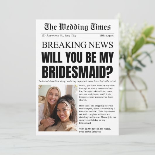 Bruidsmeisje voorstel uitnodiging in oude krant st (Staand voorkant)