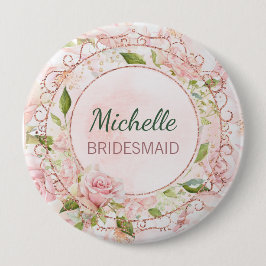 Bruidsmeisje Waterverf Roze Goud Roze Bloemen Ronde Button 4,0 Cm