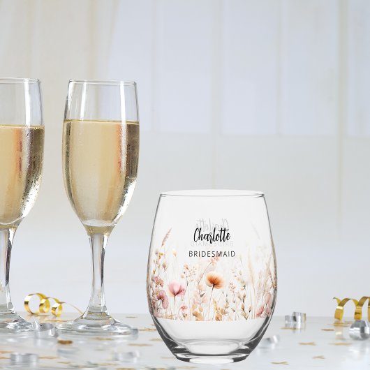 Bruidsmeisje wilde bloemen beige roze wijnglas zonder voet