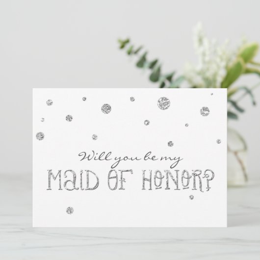 Bruidsmeisje Wit & Zilver Glitter Stippen Kaart (Staand voorkant)