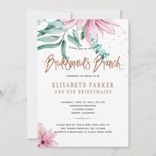 Bruidsmeisjes brunch roze floral glam vrijgezellen kaart (Voorkant)