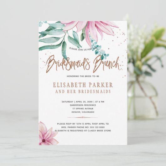 Bruidsmeisjes brunch roze floral glam vrijgezellen kaart (Staand voorkant)