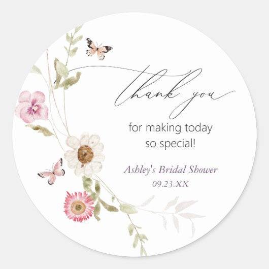 Bruidsmeisjesborrel met krans van wilde bloemen ronde sticker (Voorkant)