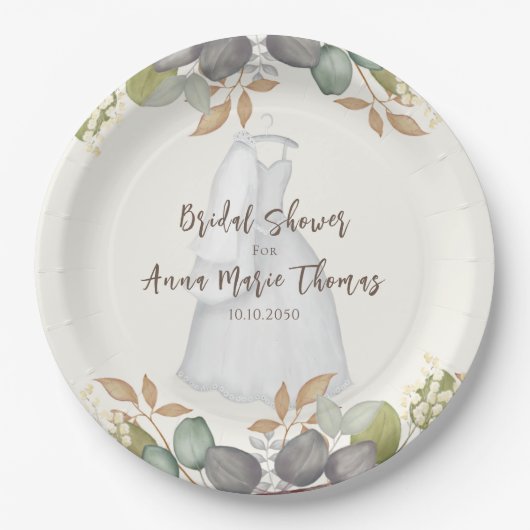 Bruidsmeisjesfeest Herfstbladeren Trouwjurk Elegan Papieren Bordje (Voorkant)