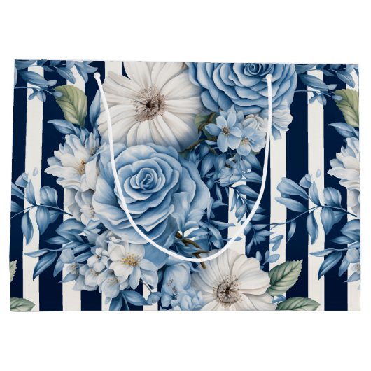 Bruidsmeisjesfeest met marineblauwe bloemenstrepen groot cadeauzakje (Achterkant)