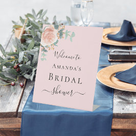 Bruidsmeisjesfeest roze roze bloemengroene welkom reclamebord met voetstuk