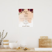 Bruidsmenu Bordeaux Bloemen Bruiloft Bord Poster (Keuken)