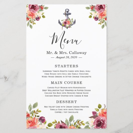 Bruidsmenu Flyer Met Anker En Bloemen (Voorkant)