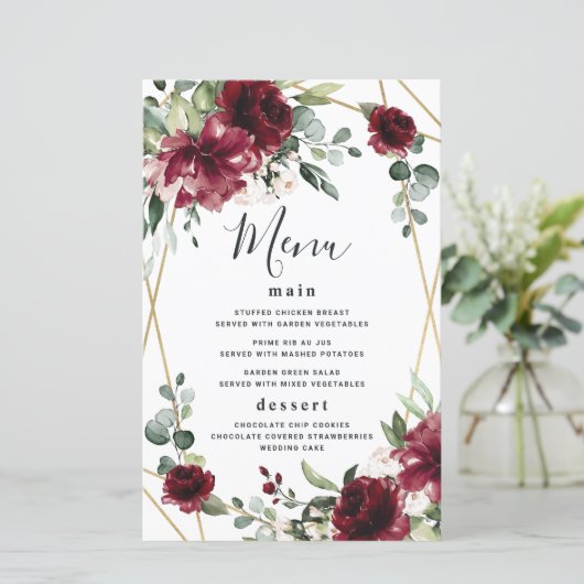 Bruidsmenu kaarten met Bourgondië Blush Goud Groen (Staand voorkant)