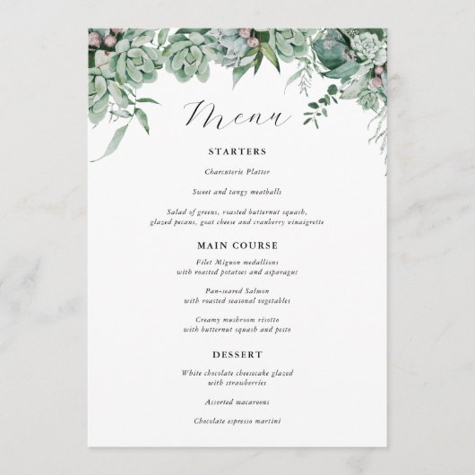 Bruidsmenu met sappige en eucalyptusgroene beplant menu (Voorkant)