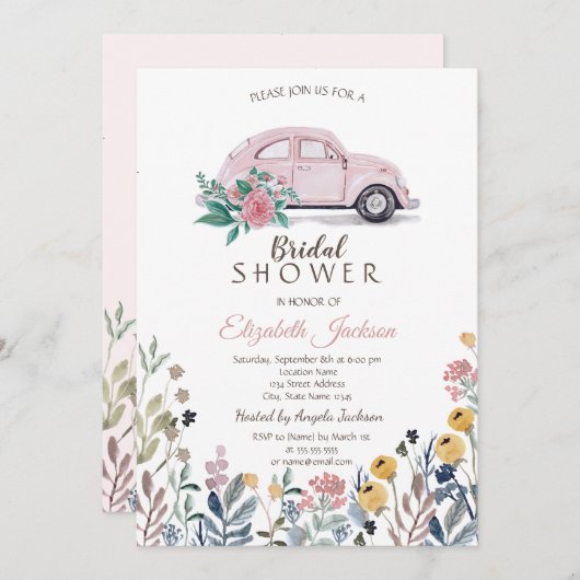  Bruidsmeubel Roze Auto Bruiloft   Kaart (Voorkant / Achterkant)