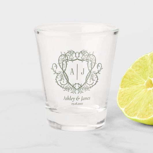Bruidsmonogram met wingerdrank rozentuin shot glas (Voorkant)