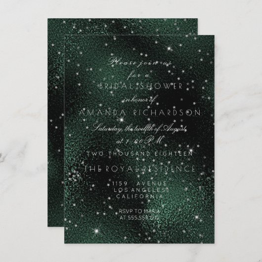 Bruidspaar Glas Diep Groen Zilveren Sterren Bachel Kaart (Voorkant / Achterkant)