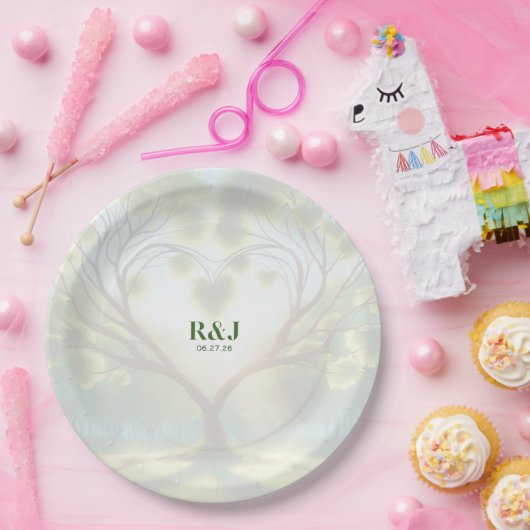 Bruidspaar groen monogram papieren bordje (Feest)