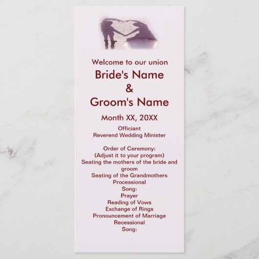 Bruidspaar Silhouet Hart in Zand Bruiloft Programmakaart (Voorkant)