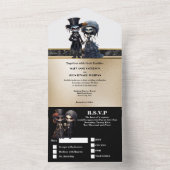 Bruidspaar skelet goud zwart elegant goth all in one uitnodiging (Binnen)