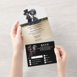 Bruidspaar skelet goud zwart elegant goth all in one uitnodiging