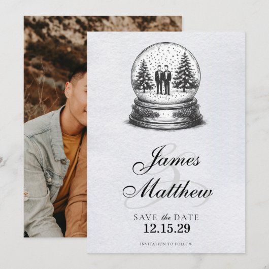Bruidspaar Sneeuwbol Save The Date (Voorkant / Achterkant)