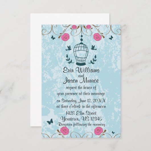 Bruidspaartje Vogelkooi Rozen Trouw Uitnodiging (Voorkant / Achterkant)