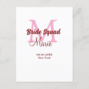 Bruidsploeg voeg naam monogram bruidsmeisje roze d briefkaart