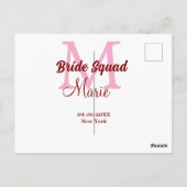 Bruidsploeg voeg naam monogram bruidsmeisje roze d briefkaart (Achterkant)