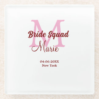 Bruidsploeg voeg naam monogram bruidsmeisje roze d glazen onderzetter