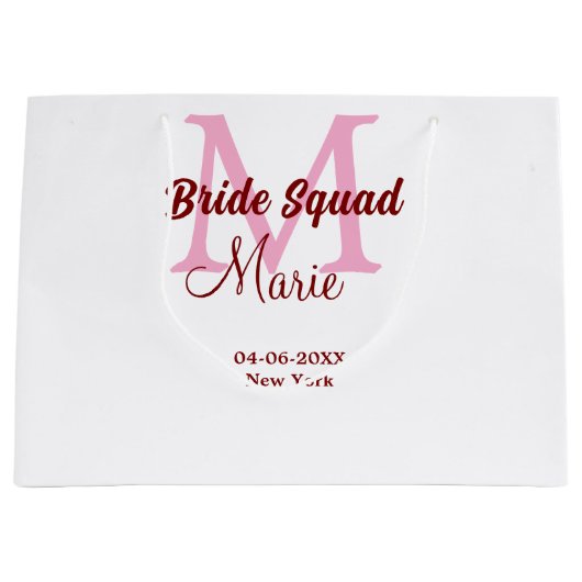 Bruidsploeg voeg naam monogram bruidsmeisje roze d groot cadeauzakje (Voorkant)