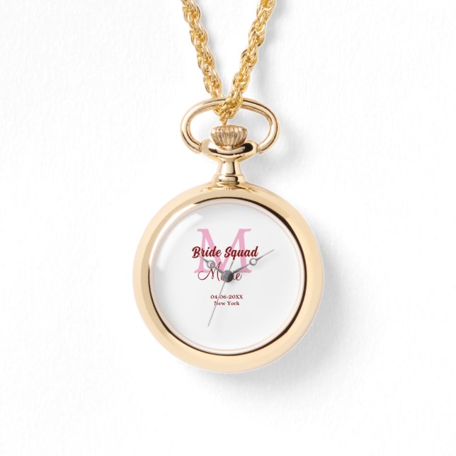 Bruidsploeg voeg naam monogram bruidsmeisje roze d horloge (Voorkant)