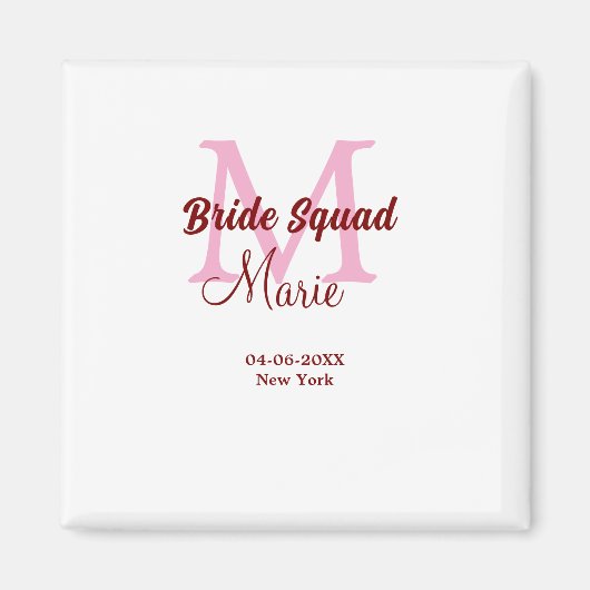 Bruidsploeg voeg naam monogram bruidsmeisje roze d magneet (Voorkant)