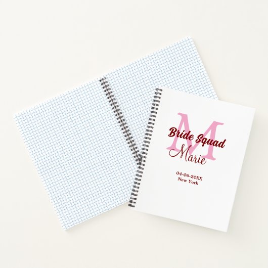 Bruidsploeg voeg naam monogram bruidsmeisje roze d notitieboek (Binnen)