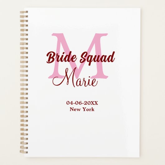 Bruidsploeg voeg naam monogram bruidsmeisje roze d planner (Voorkant)