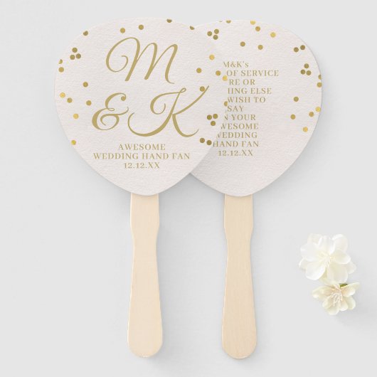 Bruidsprogramma handventilator van roze goud confe handwaaier (Voorkant en achterkant)