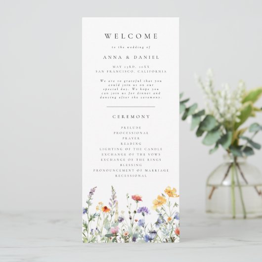 Bruidsprogramma met wilde bloemen programmakaart (Staand voorkant)
