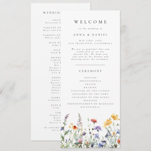 Bruidsprogramma met wilde bloemen programmakaart (Voorkant / Achterkant)